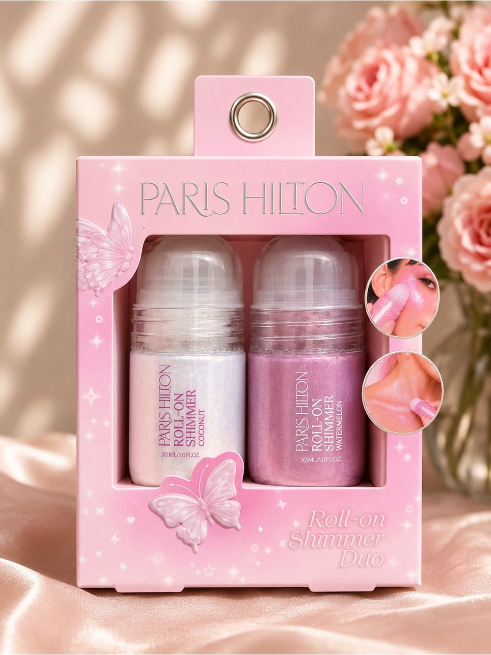 Paris Hilton Roll-On Shimmer Duo Body & Face Glow Set New